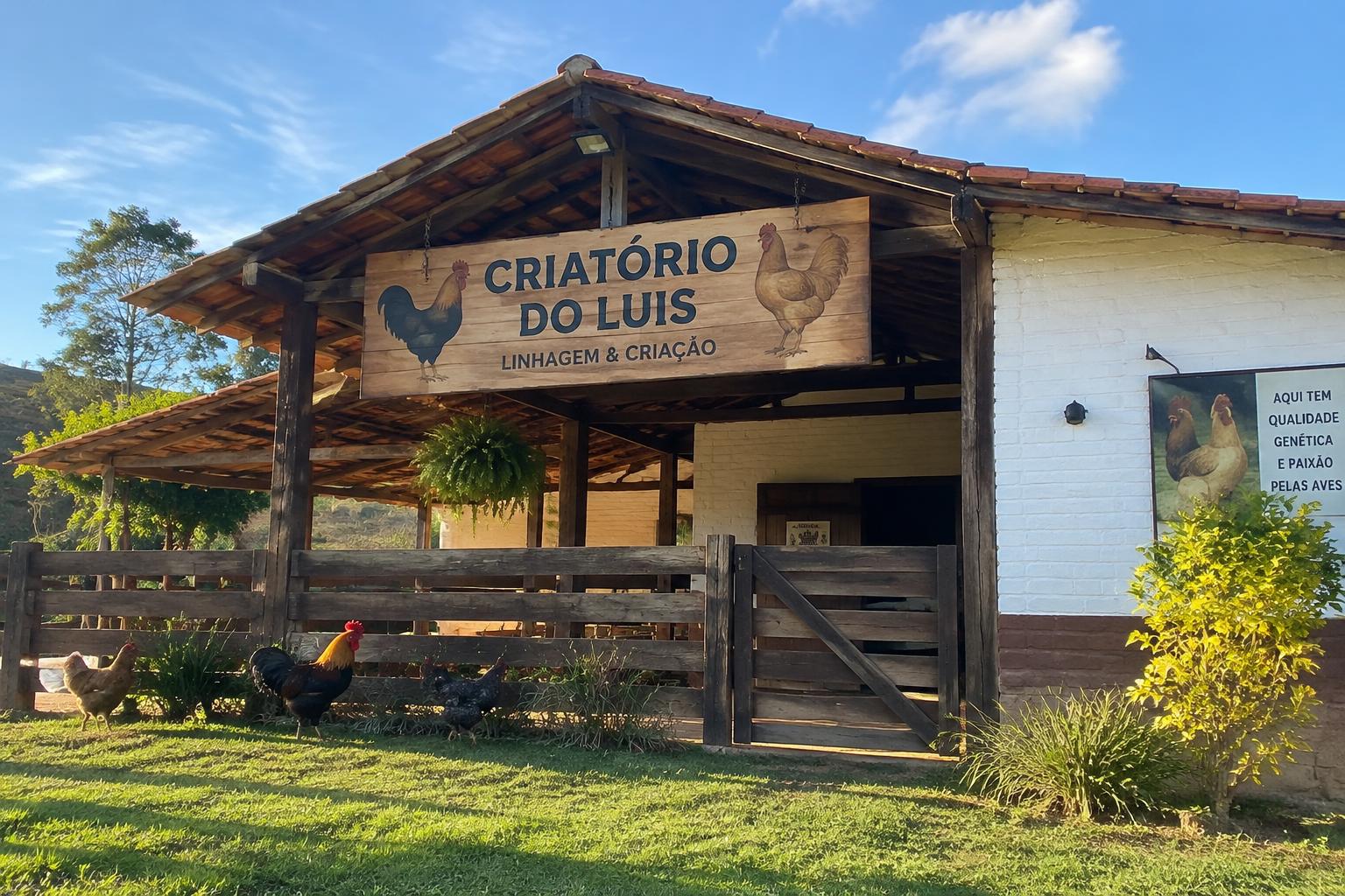 Fachada do Criatório do Luis, com placa de madeira e galinhas no piquete